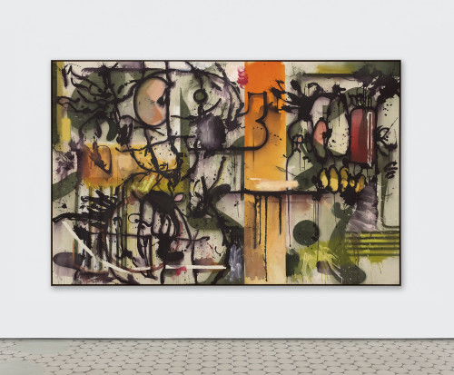 <i>Kampf um die Pistazie</i>, 2022<br />Ink, acrylic, oil paint on canvas, 180 x 280 cm<br />
