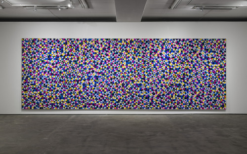 <i>Daddy you and I</i>, 2018<br />cut vinyl records, canvas, wood, 292 x 840 cm<br />