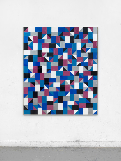 <i>in the city (P//R)</i>, 2018<br />cut vinyl records, canvas, wood, 154 x 131<br />