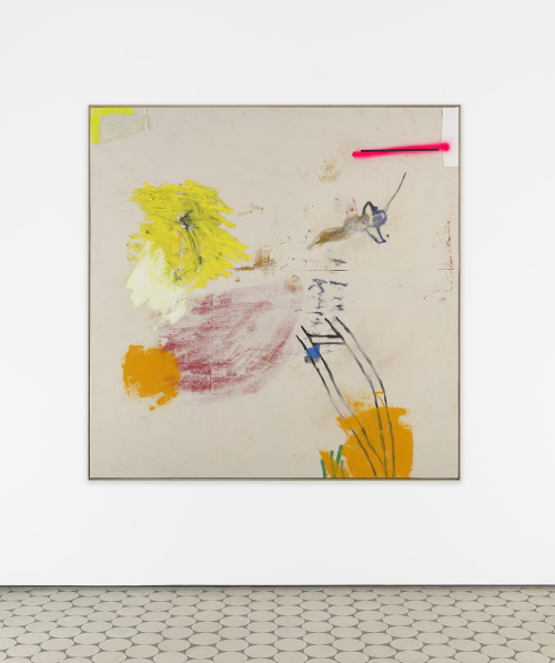<i>but now these days are gone</i>, 2022<br />Oil, spray paint, pencil, glue and fabric on canvas, 214 x 214 cm<br />