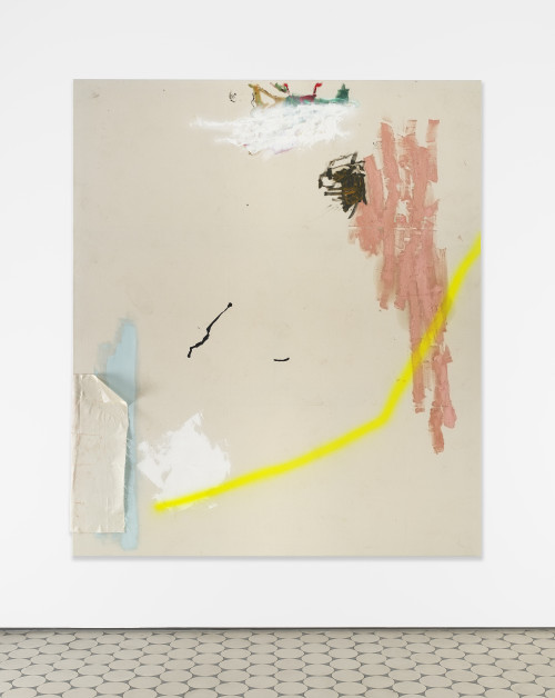 <i>And when the night is cloudy there is still a light that shines on me</i>, 2022<br />Oil, spray paint, glue and fabric on canvas, 270 x 230 cm<br />