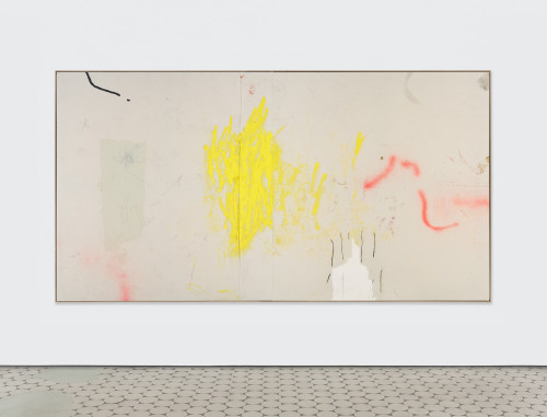 <i>there is still a chance that they will see</i>, 2022<br />Oil, spray paint, pencil, glue and fabric on canvas, 180 x 340 cm<br />