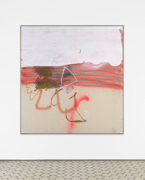 <i>but every now and then</i>, 2022<br />Oil, spray paint, pencil, oil stick on canvas, 180 x 170 cm<br />