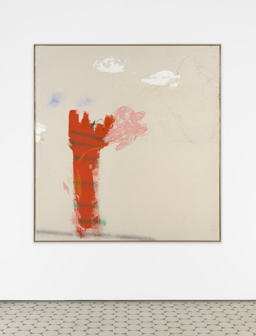 <i>All the bad things disappear</i>, 2022<br />Oil, spray paint, pencil, glue and fabric on canvas, 180 x 170 cm<br />