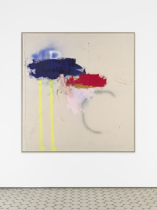 <i>Help me get my feet back on the ground</i>, 2022<br />Oil, spray paint, glue and fabric on canvas, 180 x 170 cm<br />