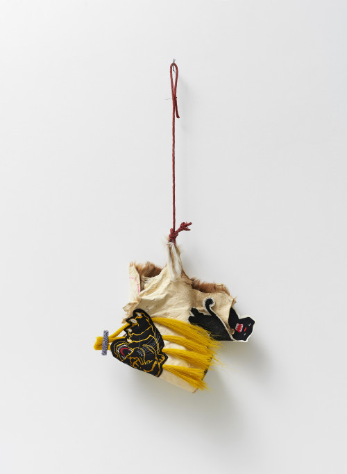 <i>Coin Purse</i>, 2021<br />Deer hide, rope, horsehair, chenille, beads, leather, 90 x 15 x 14 cm<br />