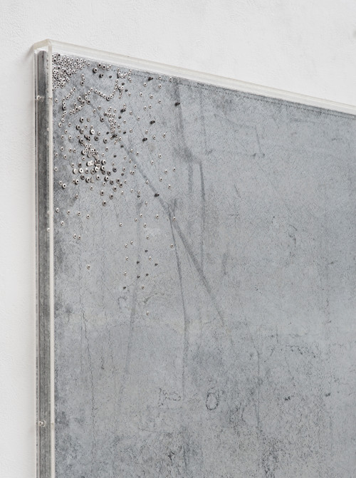 <i>(detailed angle) Alles Nieten</i>, 2008<br />steel panel, rivets, plexi glass<br />