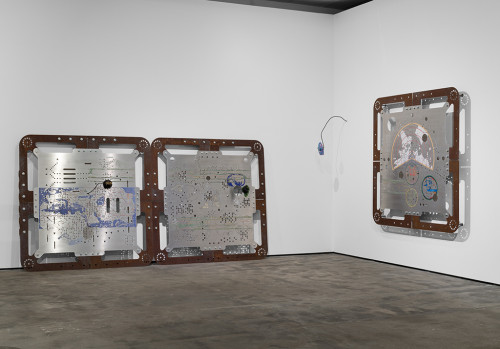 <i>Ore Orientation: modular mapping system (Plate 6 - 8: tabula mundi)</i>, 2017<br />digital print on punched and embossed aluminium, rusted steel, 180 x 180 cm<br />in cooperation with Genghis Khan Fabrication Co.