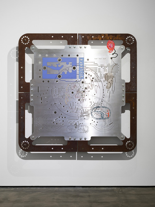 <i>Ore Orientation: modular mapping system (Plate 2: cosmos flat)</i>, 2017<br />digital print on punched and embossed aluminium, rusted steel, 180 x 180 cm<br />in cooperation with Genghis Khan Fabrication Co.