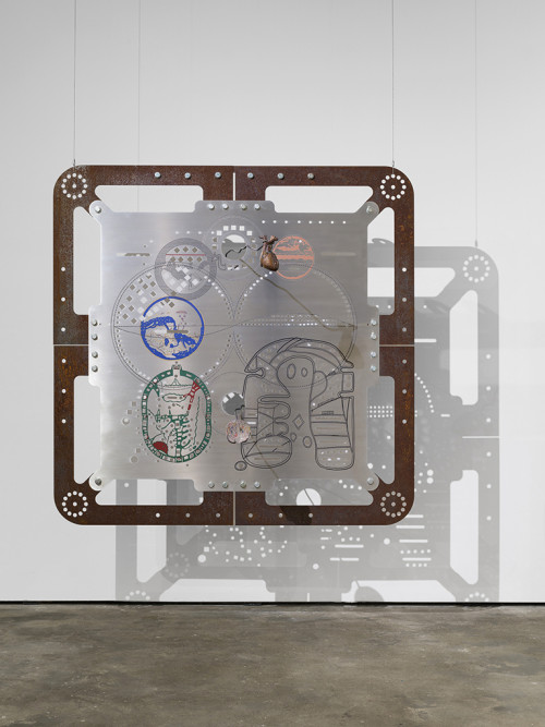 <i>Ore Orientation: modular mapping system (Plate 5: eyelids albi)</i>, 2017<br />digital print on punched and embossed aluminium, rusted steel, 180 x 180 cm<br />in cooperation with Genghis Khan Fabrication Co.