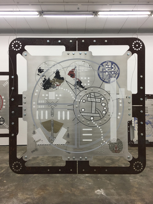 <i>Ore Orientation: modular mapping system (Plate 3: ball babylonian)</i>, 2017<br />digital print on punched and embossed aluminium, rusted steel, 180 x 180 cm<br />in cooperation with Genghis Khan Fabrication Co.