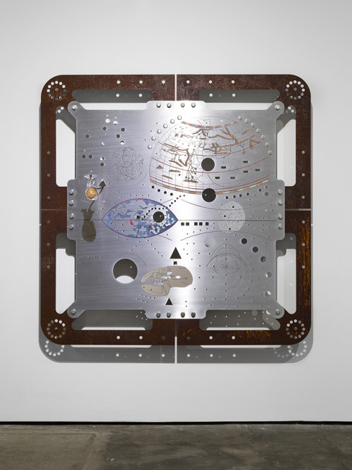 <i>Ore Orientation: modular mapping system (Plate 1: orbis pole)</i>, 2017<br />digital print on punched and embossed aluminium, rusted steel, 180 x 180 cm<br />in cooperation with Genghis Khan Fabrication Co.