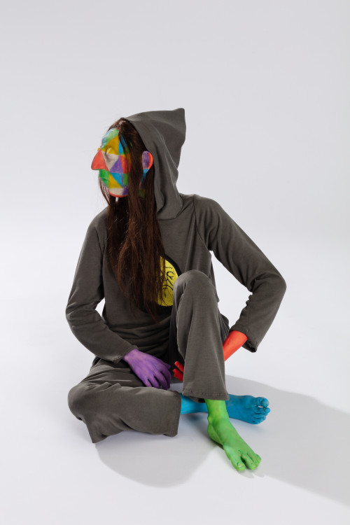 FRANCIS UPRITCHARD<br /><i>Grumpy Grumpy Grumpy</i>, 2019<br />steel and foil armature, paint, modelling material, fabric and hair, 53 x 35 x 50 cm<br />