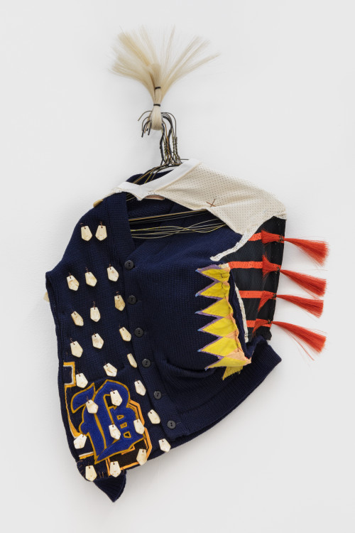 NATALIE BALL<br /><i>Breast Plate (series)</i>, 2019<br />bone, textiles, horsehair, metal, chenille, 84 x 64 x 13 cm<br />